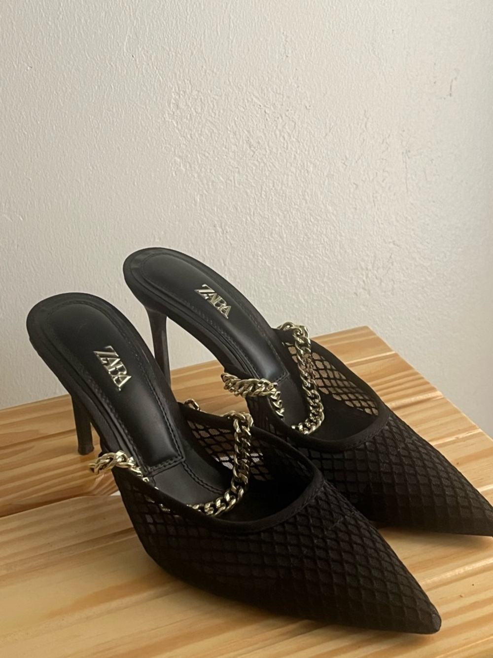 Zara Black Pointed Mesh Heels with Gold Chain Accent